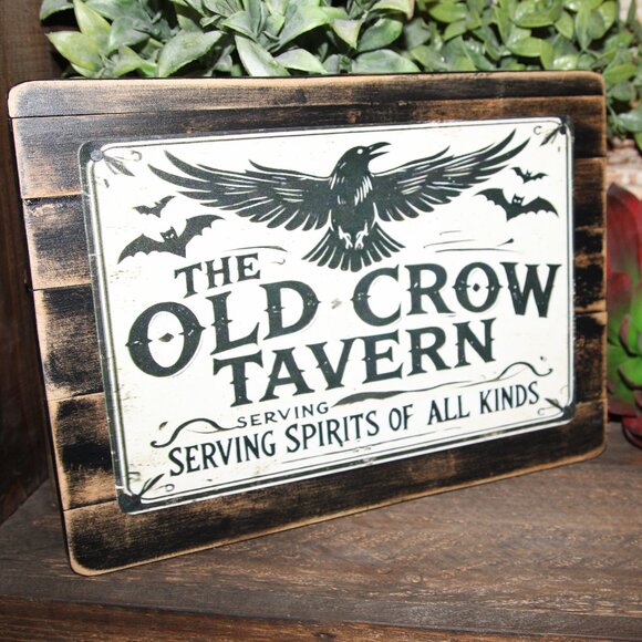 NEW Distressed Black OLD CROW TAVERN Rustic Farmhouse Wall Decor Sign - Picture 1 of 5